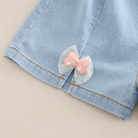 Girls Pink Bow Appliqued Puff Sleeves Top With Denim Shorts Set 2 pc. Sets