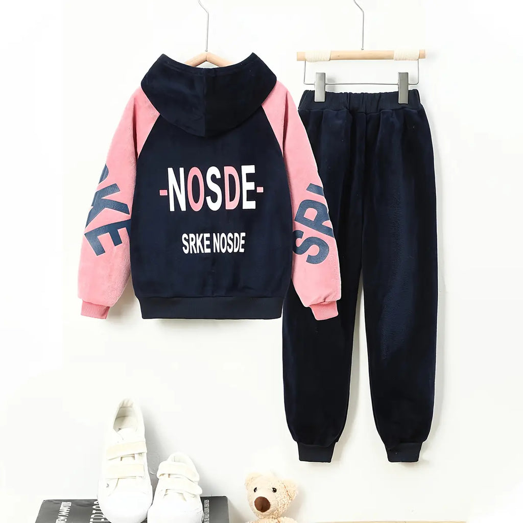 Girls Navy Blue Typographic Printed Hooded Zipper Jacket With Jogger Sets Sets