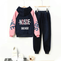 Girls Navy Blue Typographic Printed Hooded Zipper Jacket With Jogger Sets Sets