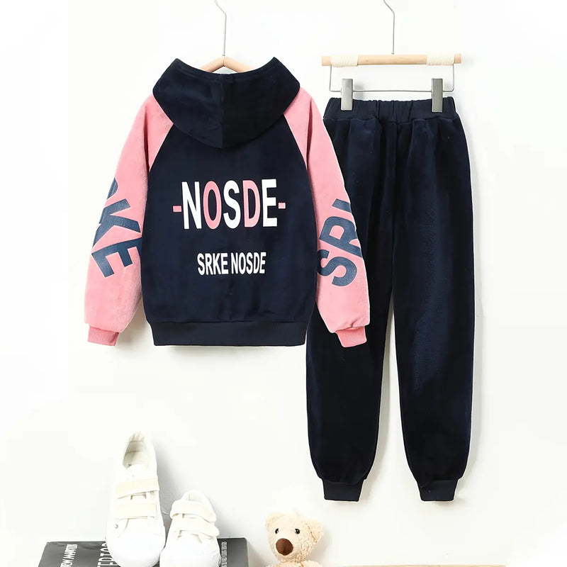 Girls Navy Blue Typographic Printed Hooded Zipper Jacket With Jogger Sets Sets