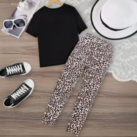 Girls Black Short Sleeves T-Shirt With Leopard Printed Legging Set 2 pc. Sets
