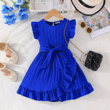 Girls Blue Flutter Sleeves Round Neck Dress