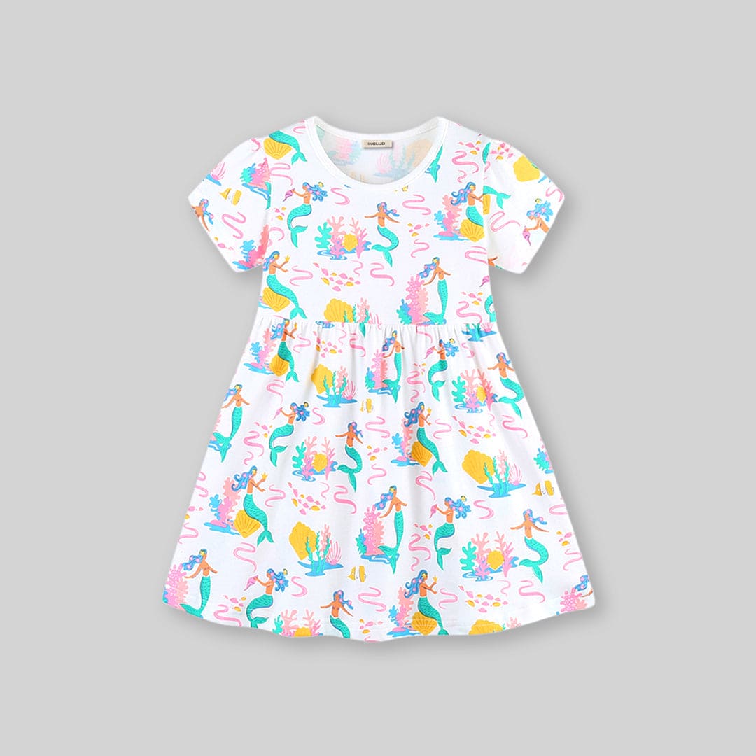 Girls Short Sleeve Mermaid Printed Dress Casual Dresses   