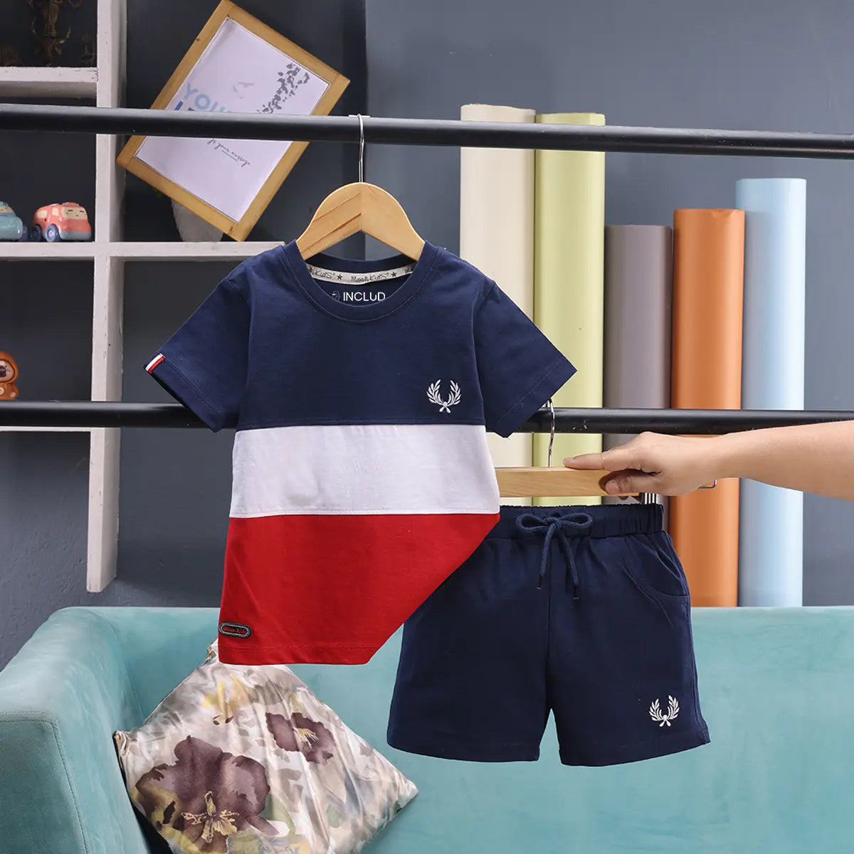 Boys Navy Blue Colorblocked Short Sleeve T-Shirt With Shorts Sets 2 pc. Sets Navy Blue 6-12 M