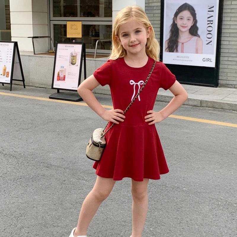 Girls Maroon Bow Graphic A-Line Dress With Short Sleeves Casual Dresses Maroon 2-3 Y
