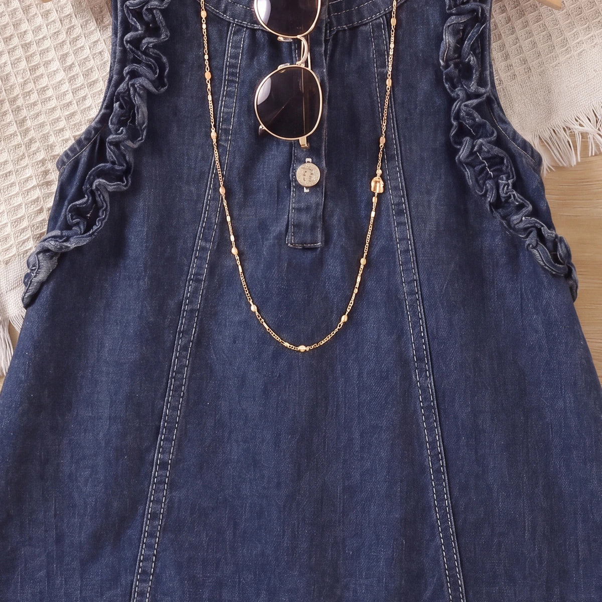 Girls Blue Ruffle Hem Sleeveless Denim Dress Casual Dresses
