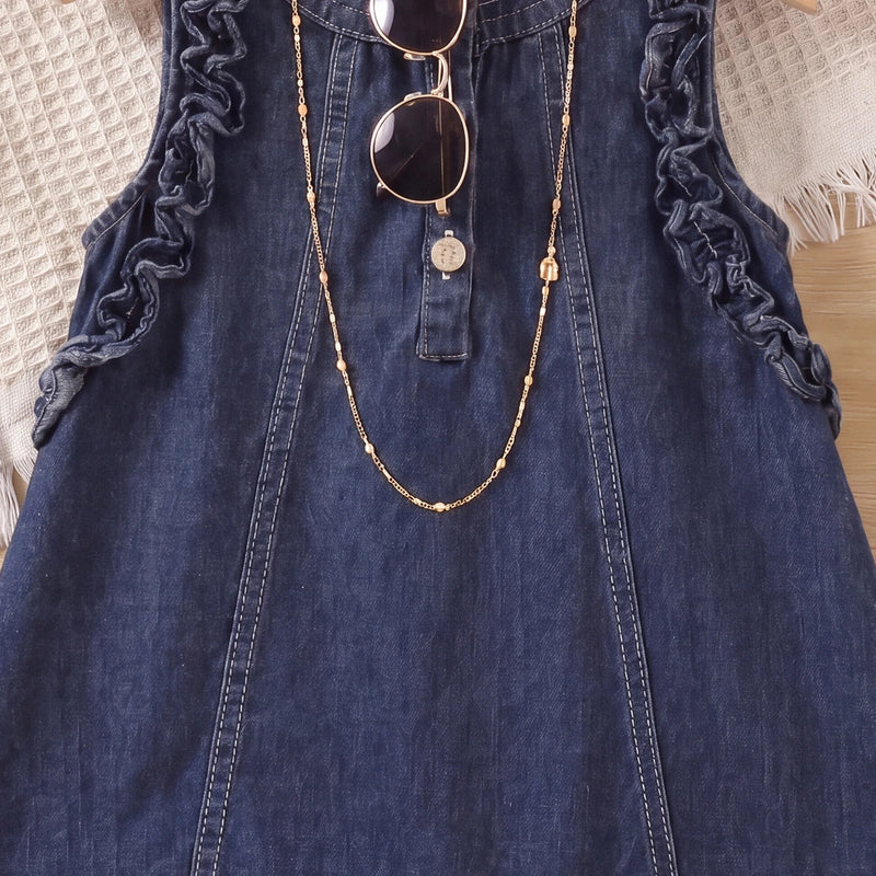 Girls Blue Ruffle Hem Sleeveless Denim Dress Casual Dresses