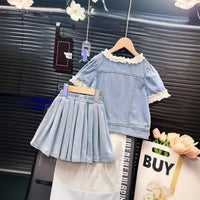 Girls Light Blue Puff Sleeve Top With Denim Skirt Sets 2 pc. Sets