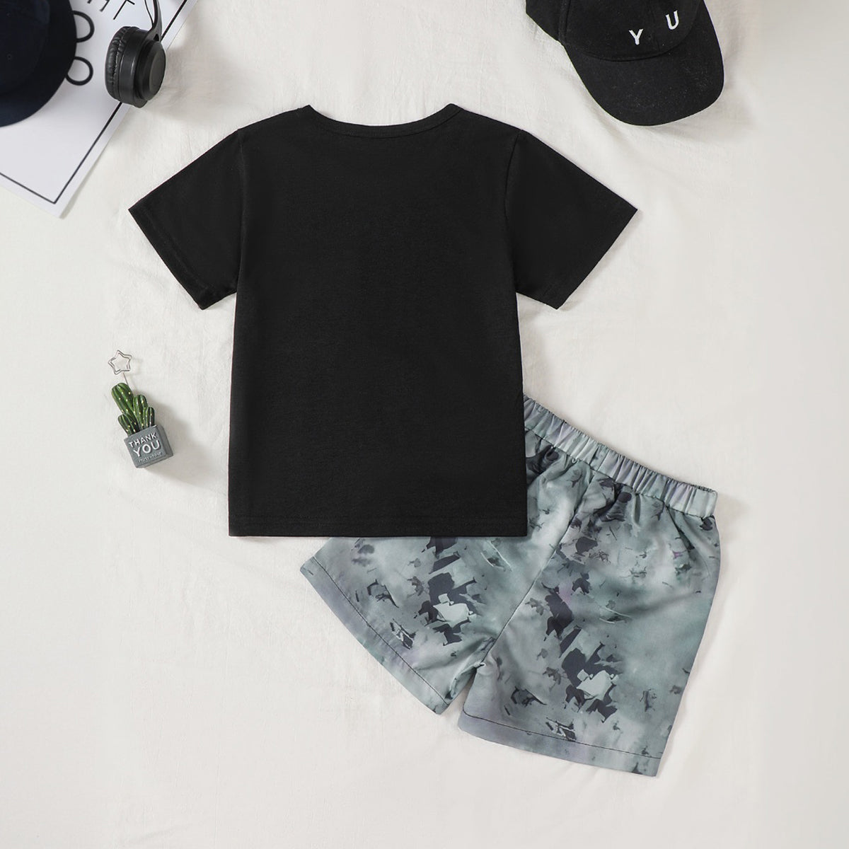 Boys Black Typographic Printed Contrast Patch Pocket T-Shirt With Shorts Set 2 pc. Sets