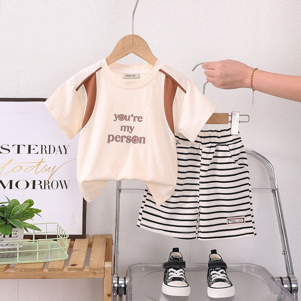 Boys Short Sleeve Typography Print T-Shirt With Striped Shorts