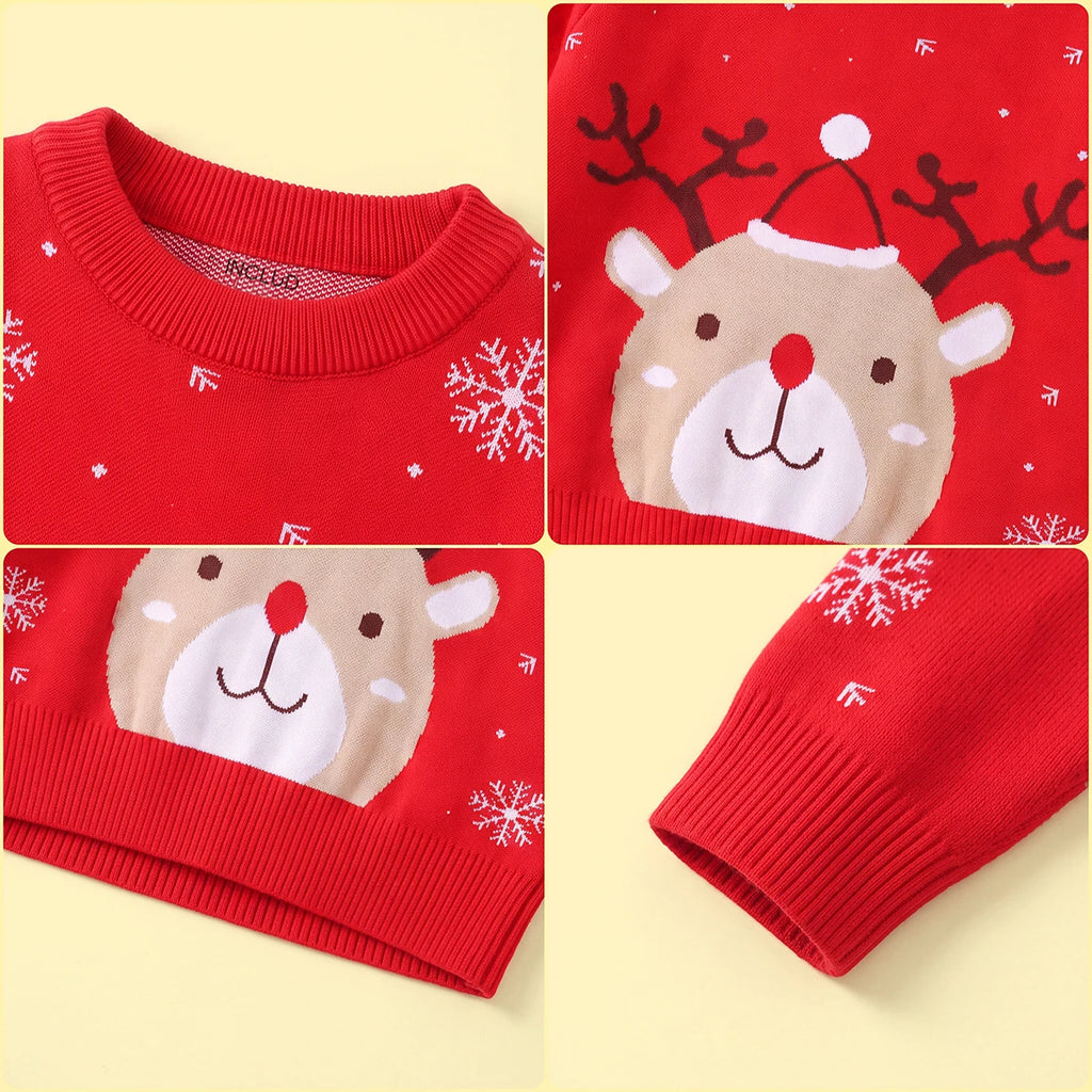 Boys Red Sweater With Cute Reindeer and Snowflake Design Sweaters & Cardigans