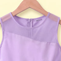 Girls purple sleeveless party gown with floral applique and tulle