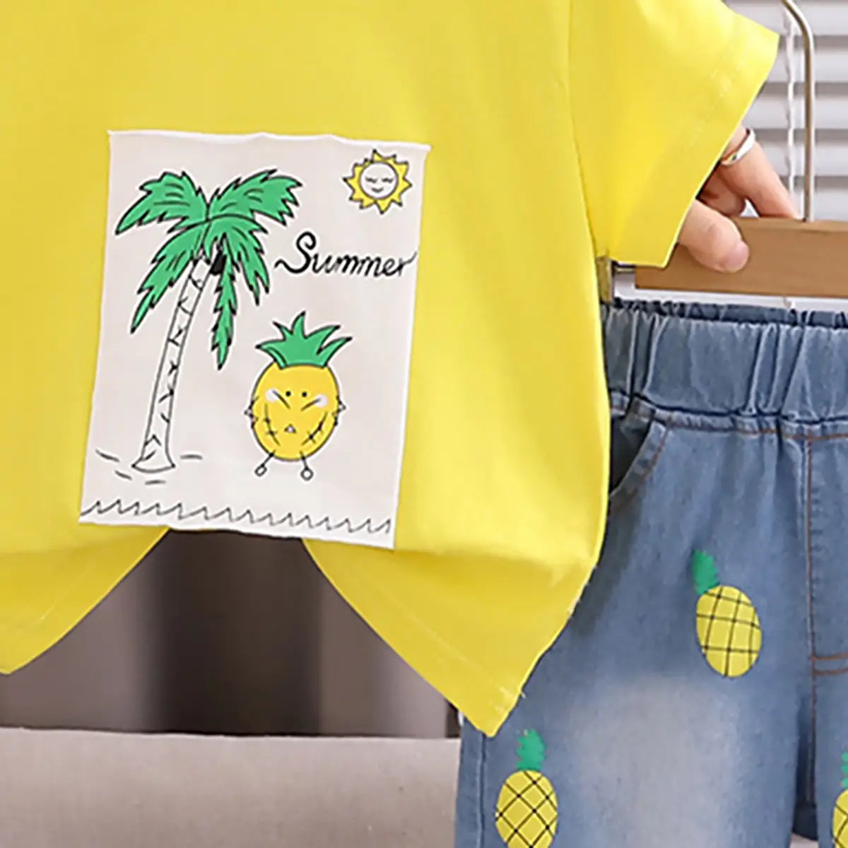 Boys Yellow Pineapple Printed Round Neck T-Shirt With Denim Shorts Sets 2 pc. Sets