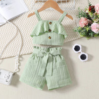 Girls Light Green Ruffle Sleeveless Crop Top With Shorts Sets 2 pc. Sets Light Green 1-2 Y