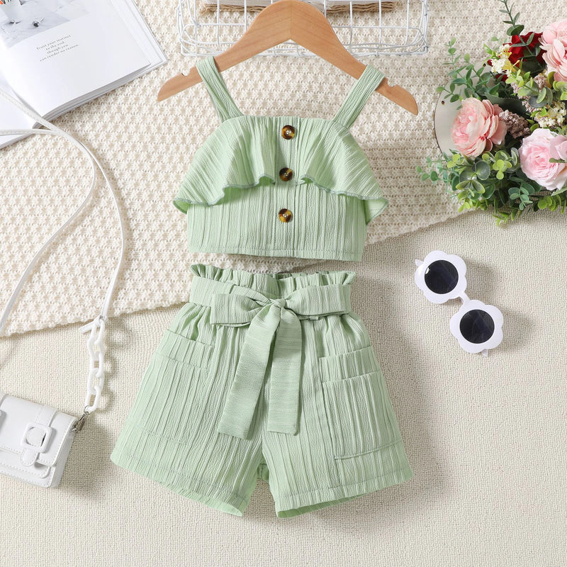 Girls Light Green Ruffle Sleeveless Crop Top With Shorts Sets 2 pc. Sets Light Green 1-2 Y