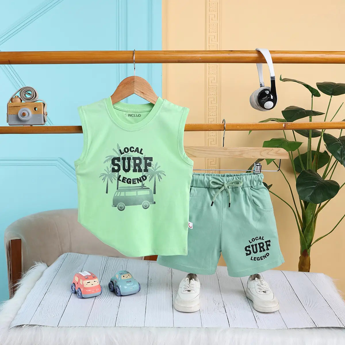 Boys Light Green Surf Printed Vest With Drawstring Shorts Sets Sets Light Green 12-18 M