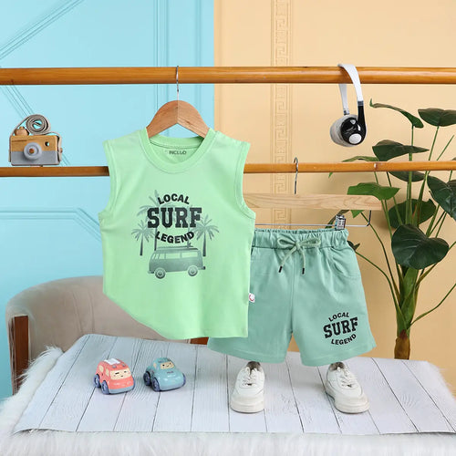 Boys Light Green Surf Printed Vest With Drawstring Shorts Sets Sets Light Green 12-18 M
