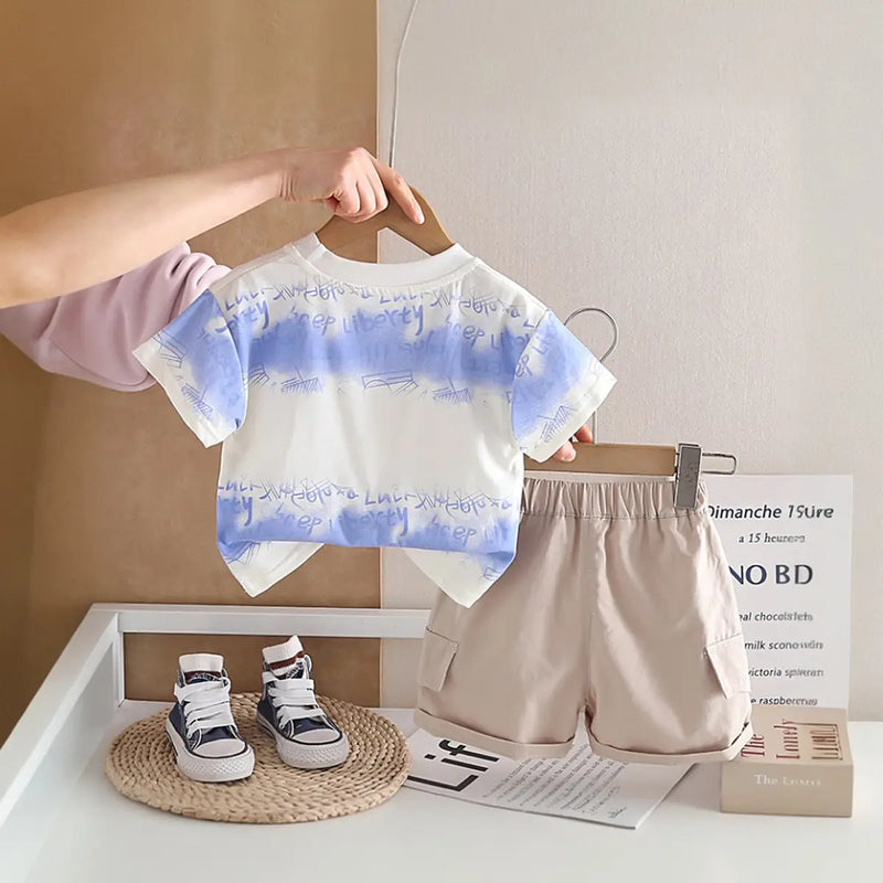 Boys Blue Typographic Print T-Shirt With Shorts Sets Sets