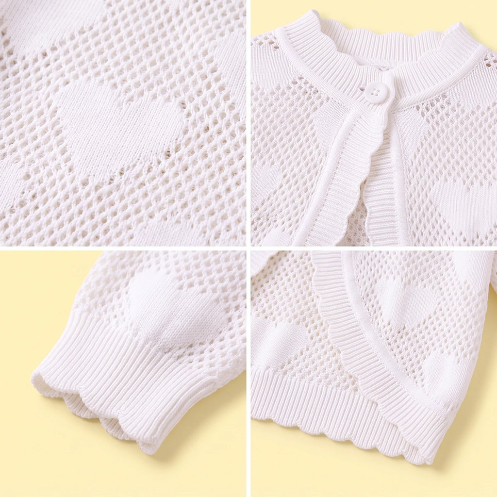 Girls White Heart Pattern Cardigan Sweaters & Cardigans