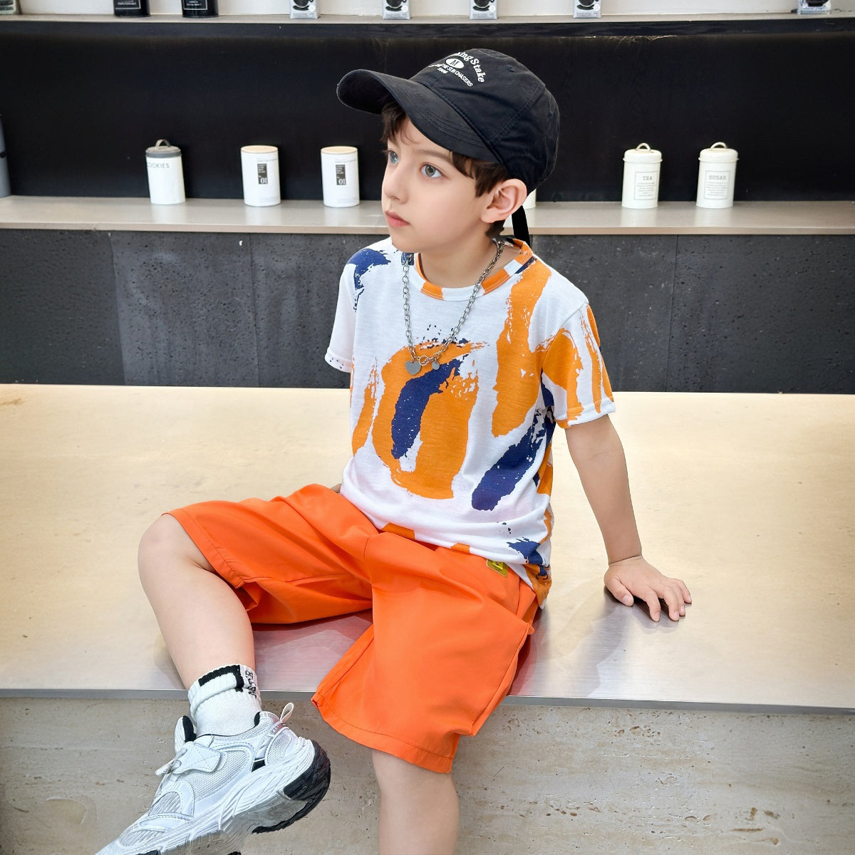 Boys Orange Abstract Printed Summer T-Shirt With Shorts Sets 2 pc. Sets