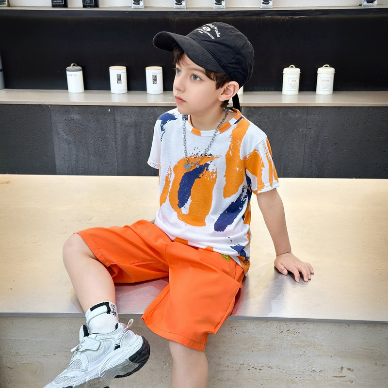 Boys Orange Abstract Printed Summer T-Shirt With Shorts Sets 2 pc. Sets
