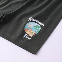 Boys Green Typographic Printed Short Sleeve T-Shirt With Drawstring Shorts Sets Sets