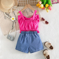 Girls Fuchsia Bow Crop Top With Floral Embroidered Denim Shorts Sets Sets