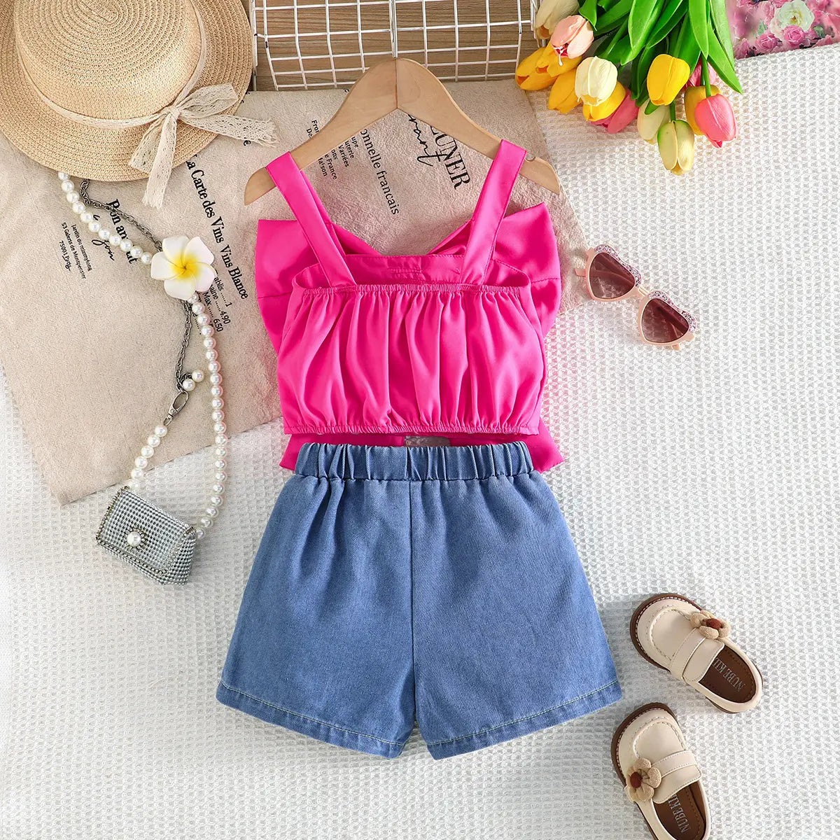 Girls Fuchsia Bow Crop Top With Floral Embroidered Denim Shorts Sets Sets