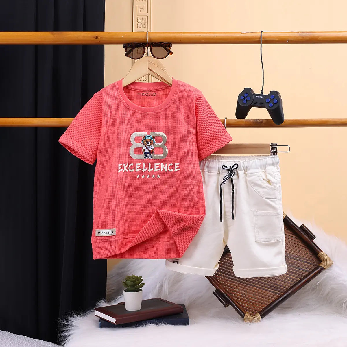 Boys Red Typographic Printed Short Sleeve T-shirts With Elasticated Shorts Sets Sets Red 1-2 Y
