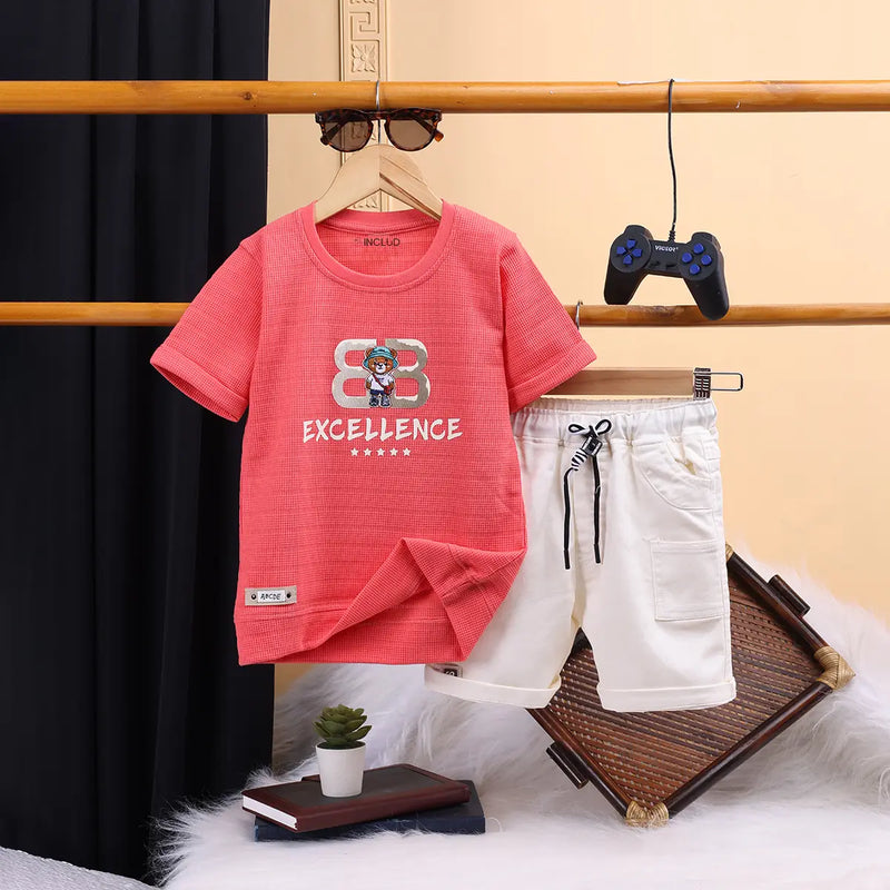 Boys Red Typographic Printed Short Sleeve T-shirts With Elasticated Shorts Sets Sets Red 1-2 Y
