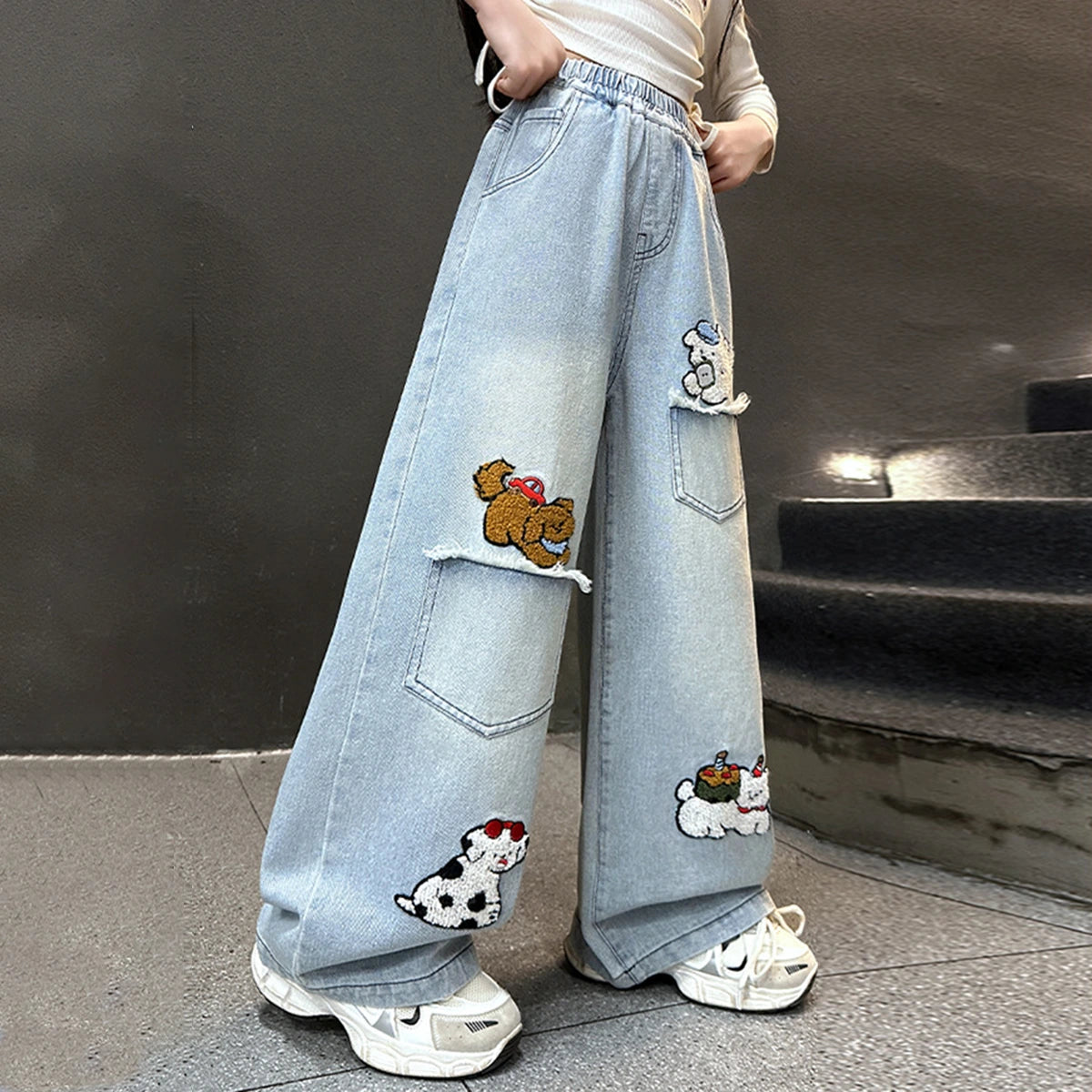 Girls Light Blue Animal Applique Baggy Fit Denim Jeans Pants