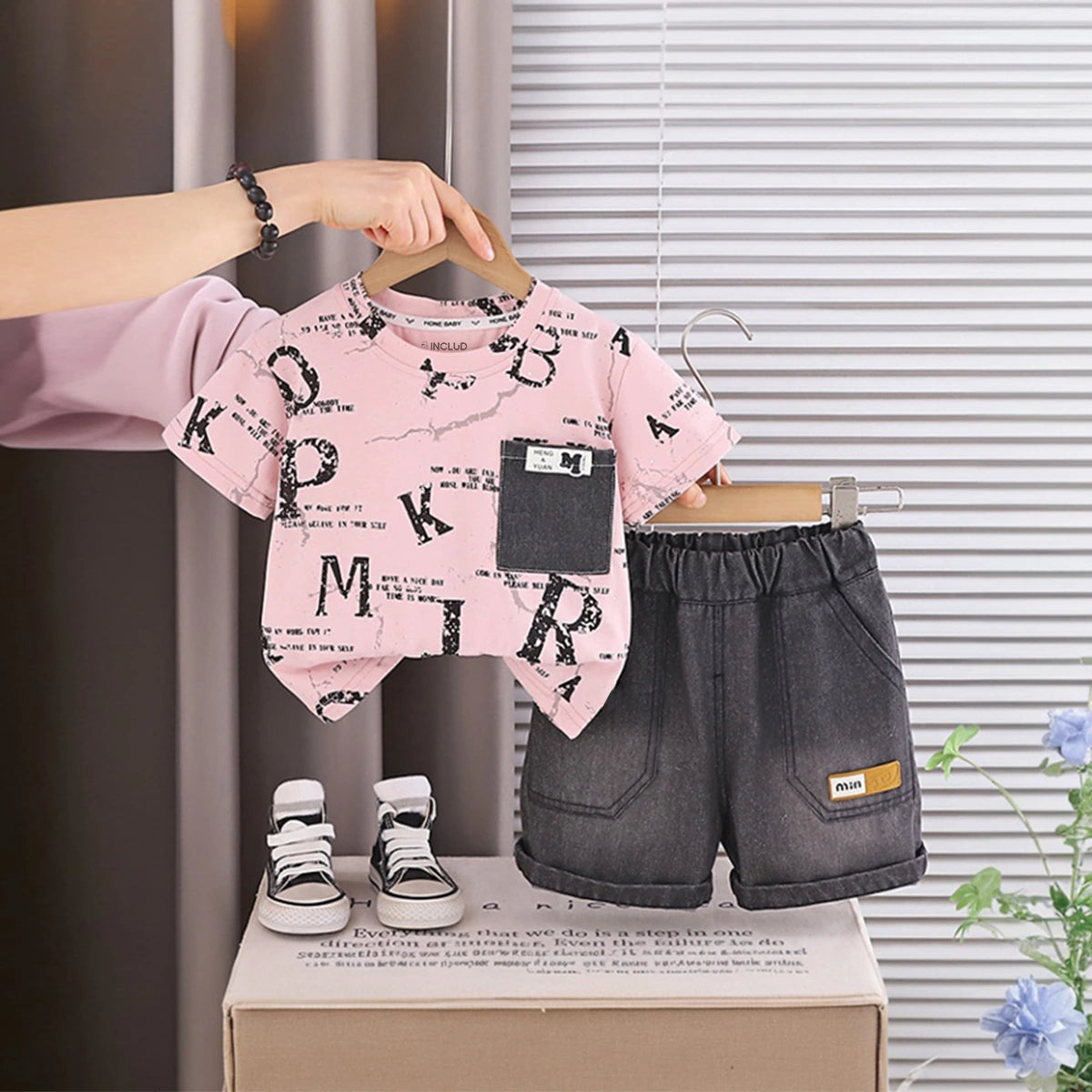 Boys Pink Typographic Printed Short Sleeve T-Shirt With Denim Shorts Sets 2 pc. Sets Pink 1-2 Y