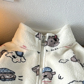 Girls Off White Fleece Bear Printed Zip-up Jacket With Pants Co-ord Sets Sets