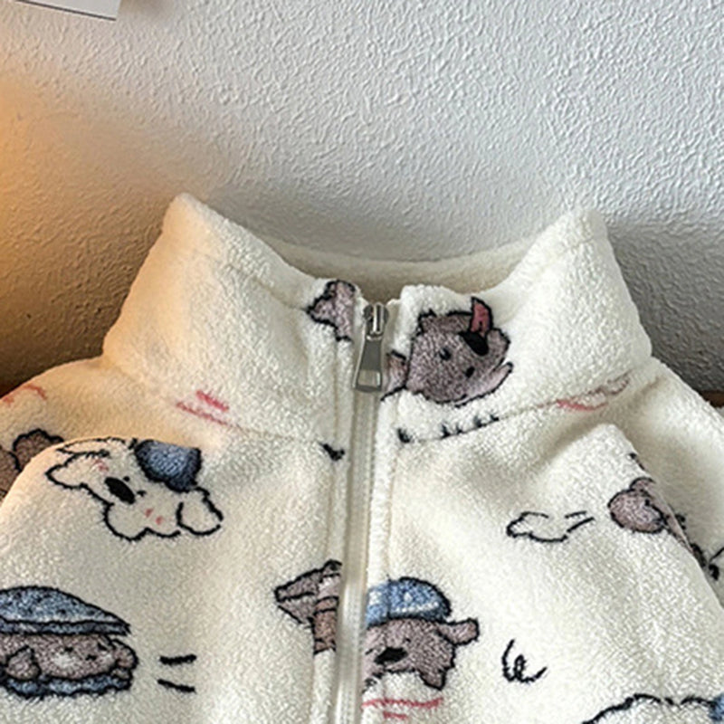 Girls Off White Fleece Bear Printed Zip-up Jacket With Pants Co-ord Sets Sets