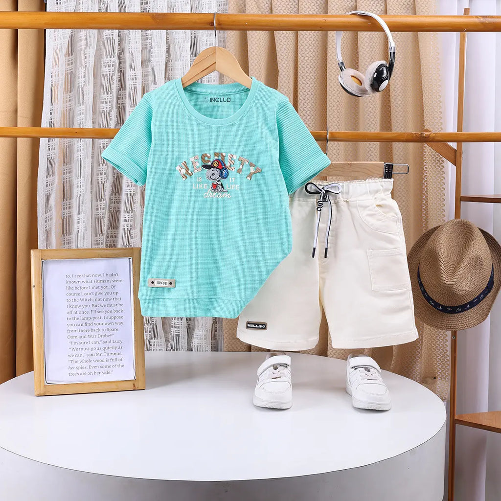 Boys Sea Green Typographic Printed Short Sleeve T-shirts With Elasticated Shorts Sets Sets Sea Green 1-2 Y