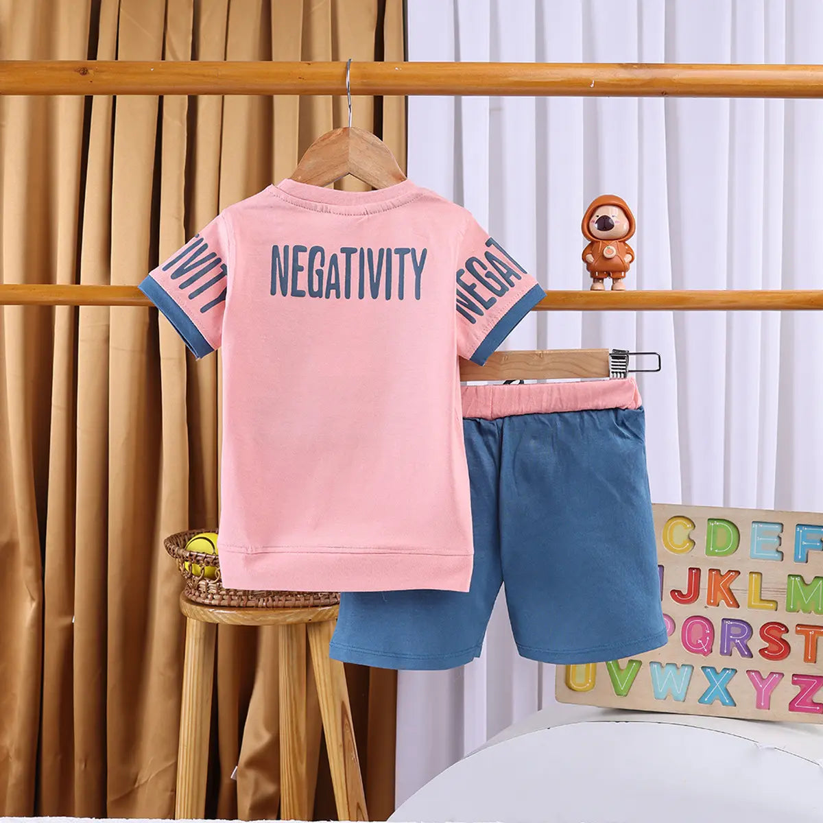 Boys Pink Typographic Printed Short Sleeve T-shirts With Elasticated Shorts Sets Sets
