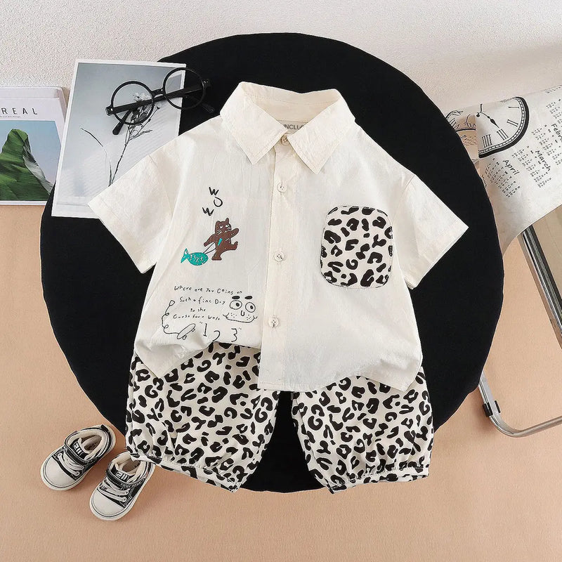 Boys Beige Animal Print Shirt with Elasticated Shorts Sets 2 pc. Sets Beige 1-2 Y