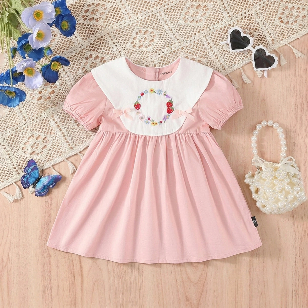 Girls Light Pink Floral Embroidered Peter Pan Collar Fit & Flare Dress Casual Dresses Light Pink 2-3 Y