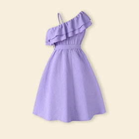 Girls Purple Ruffled One Shoulder Flared Dress Casual Dresses
