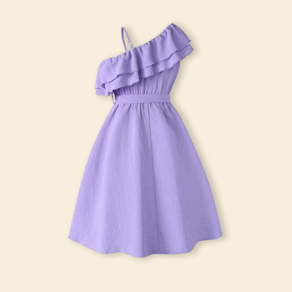 Girls Purple Ruffled One Shoulder Flared Dress Casual Dresses