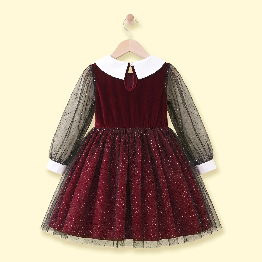 Girls Maroon Glitter Print Long Sleeve Fit & Flare Dress Casual Dresses