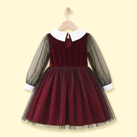 Girls Maroon Glitter Print Long Sleeve Fit & Flare Dress Casual Dresses