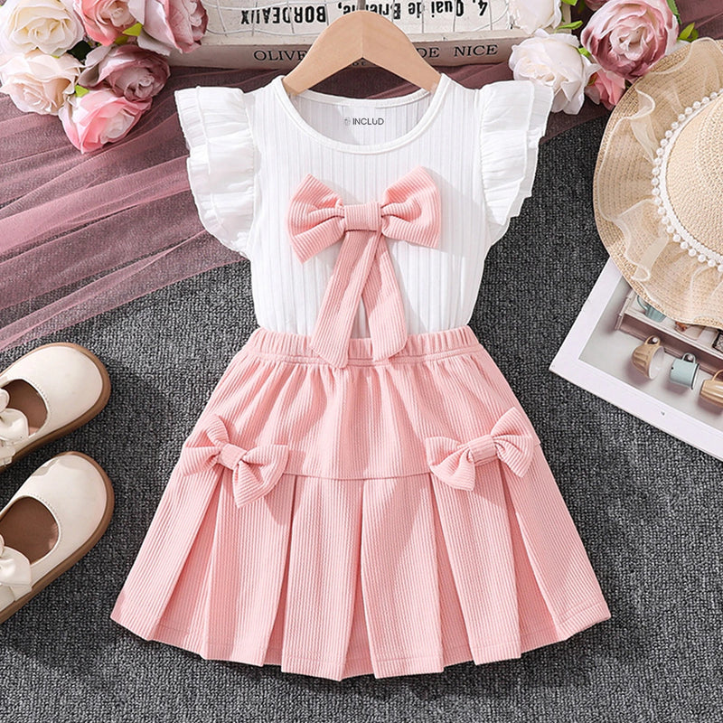 Girls White Textured Flutter Sleeve Top With Elasticated Skirt Sets 2 pc. Sets White 2-3 Y