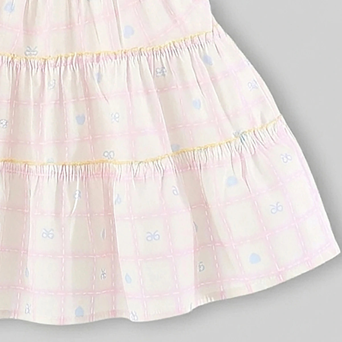 Girls Light Pink Checked Tiered Dress With Bow Details Casual Dresses