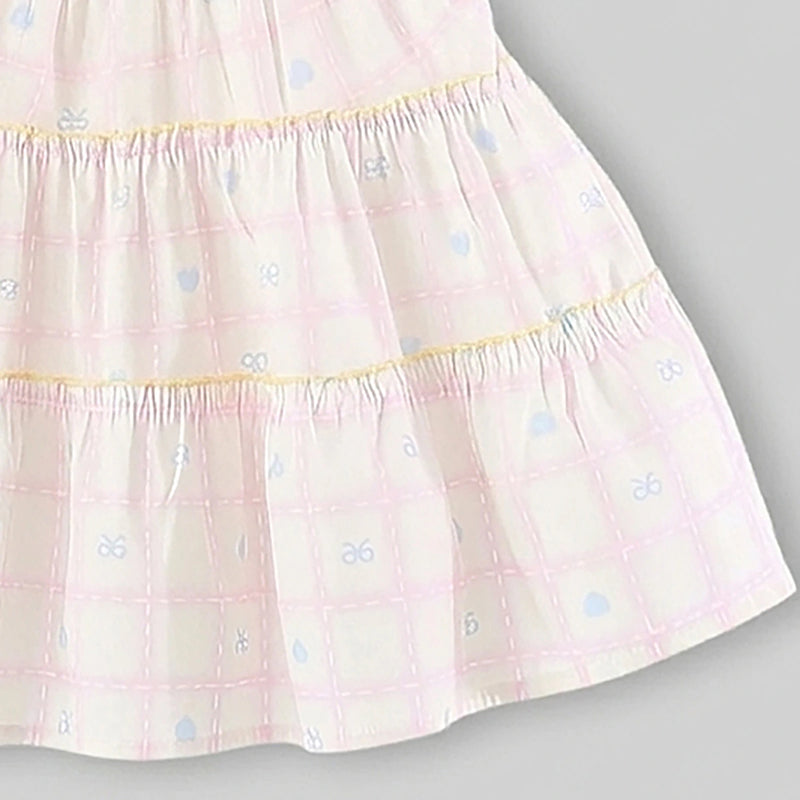 Girls Light Pink Checked Tiered Dress With Bow Details Casual Dresses