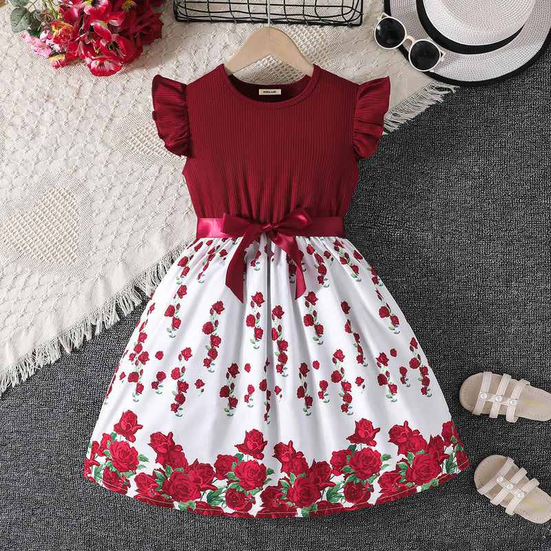 Girls Maroon Floral Printed Flutter Sleeves Fit And Flare Dress Casual Dresses Maroon 3-4 Y