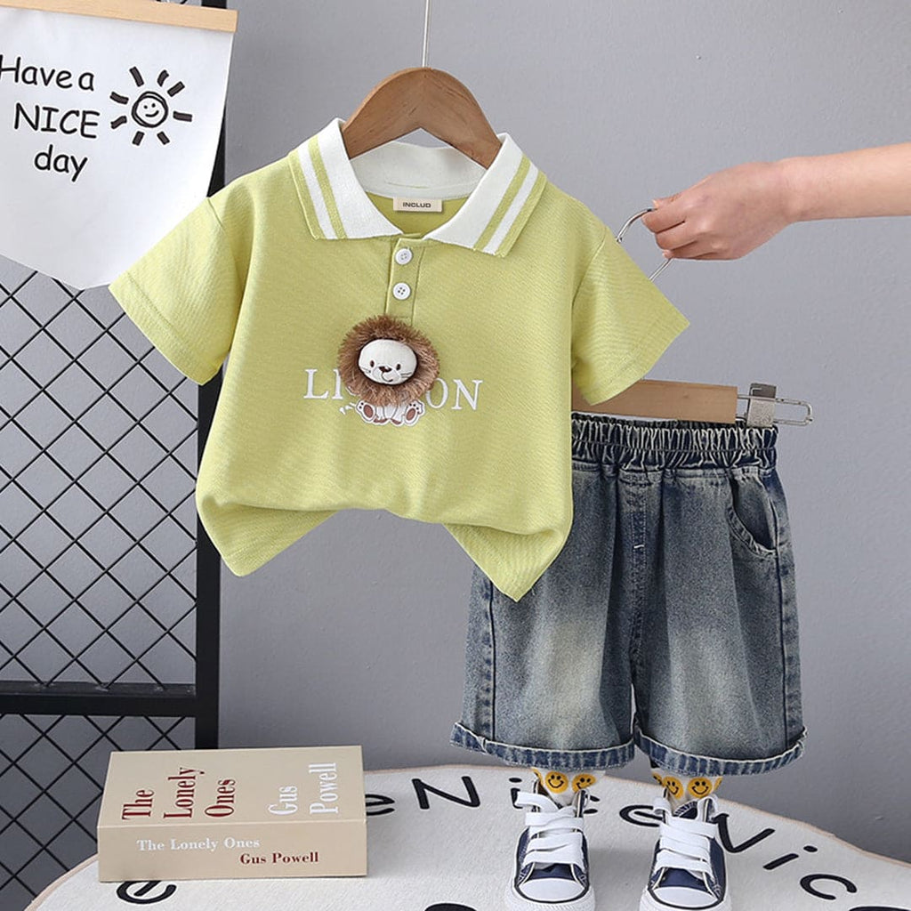 Boys Short Sleeve Lion Applique Polo T-Shirt With Denim Shorts