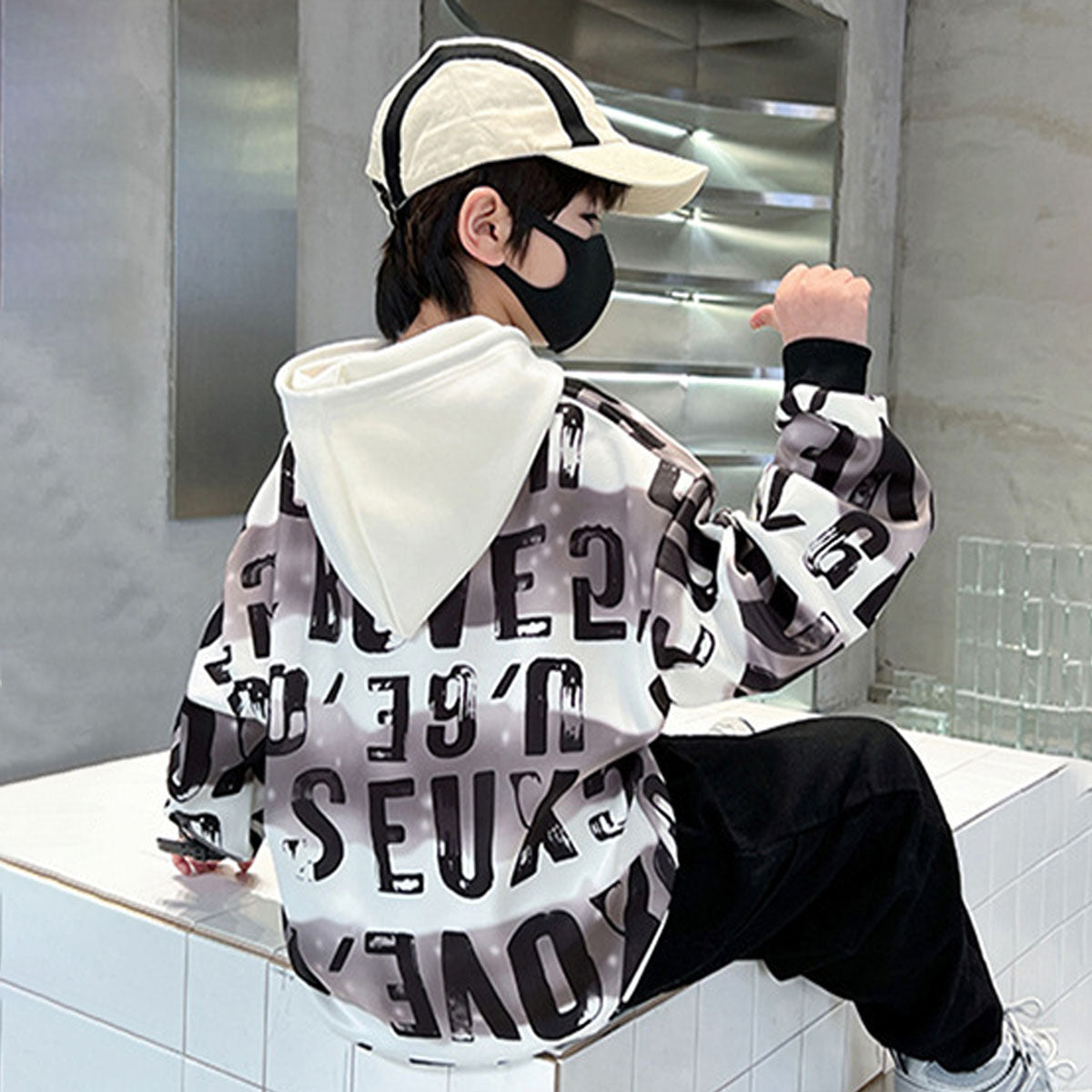 Boys Brown Alphabet Printed Hooded Neck Sweatshirt Sweatshirts & Hoodies
