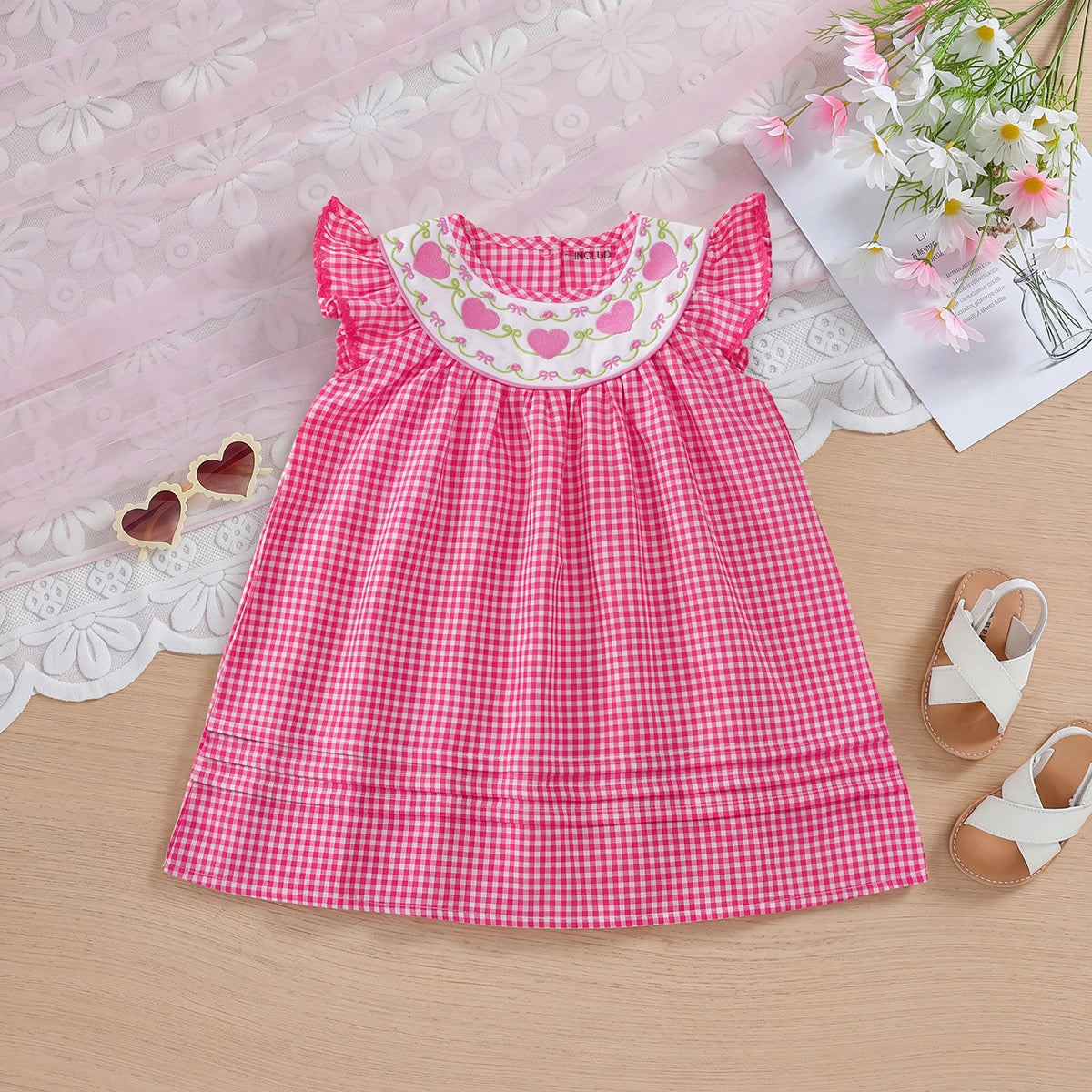 Girls Pink Embroidered Flutter Sleeve Dress Casual Dresses Pink 1-2 Y