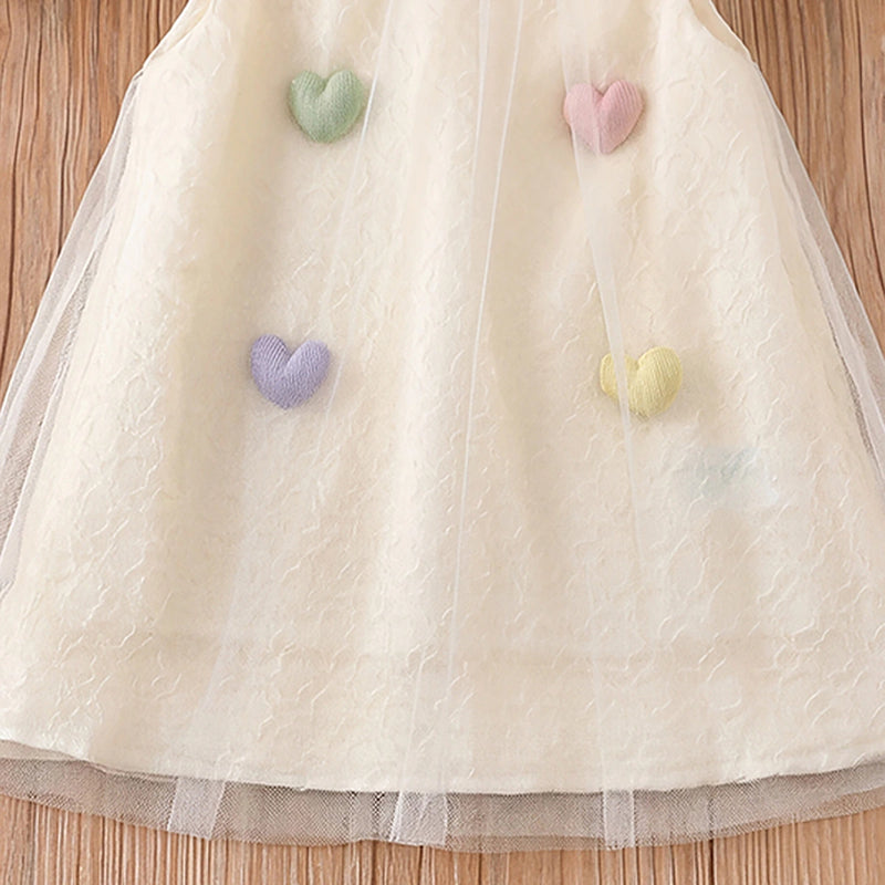 Girls Off White Heart Applique Flutter Sleeve Dress Casual Dresses
